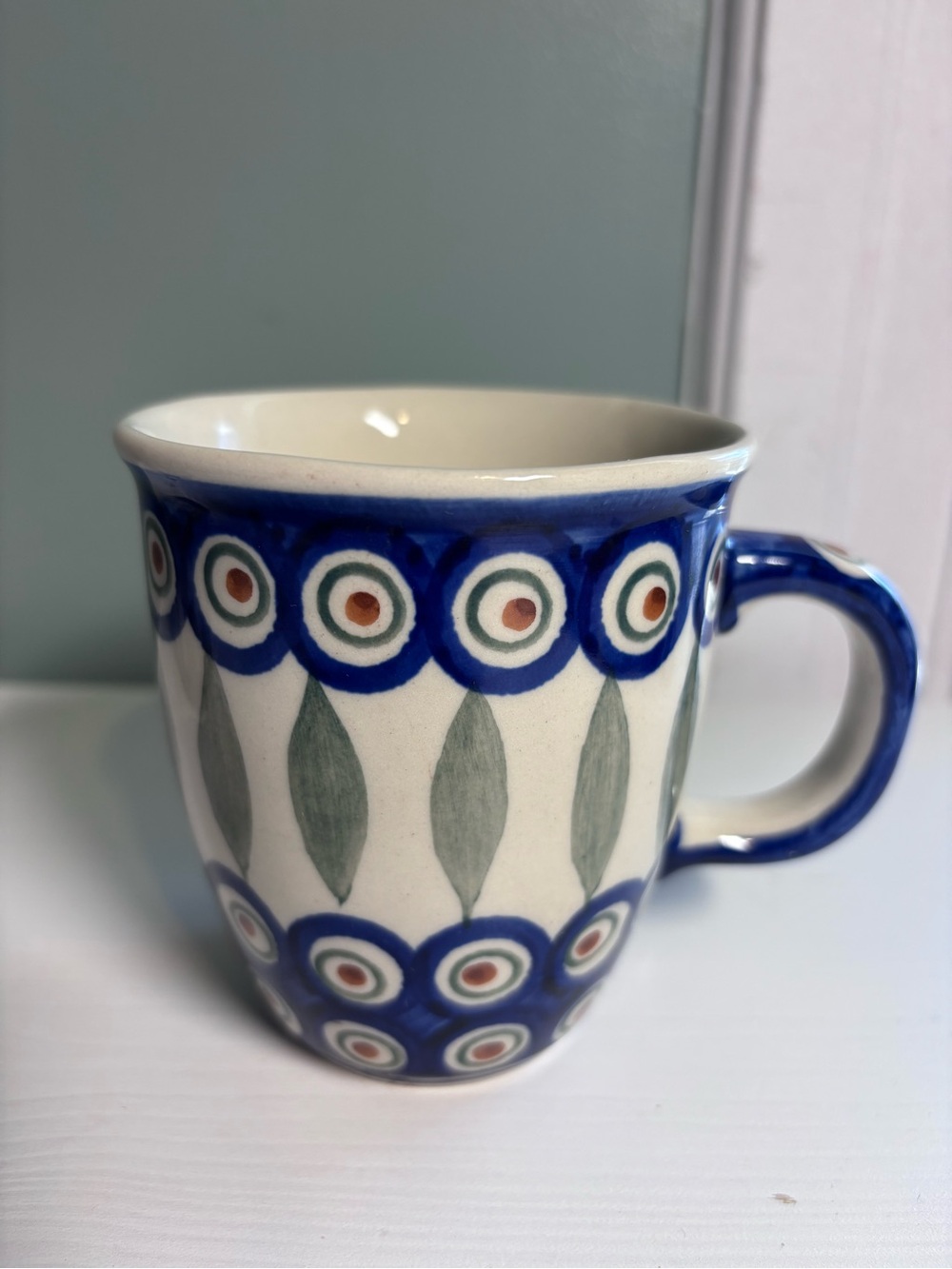 Vintage Polish Pottery Coffee/Tea Mug Cup Peacock Pattern 4 Inch Boleslawiec